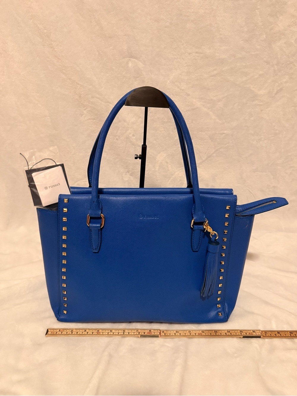 Russet Studded Leather Tote Bag with Tassel
